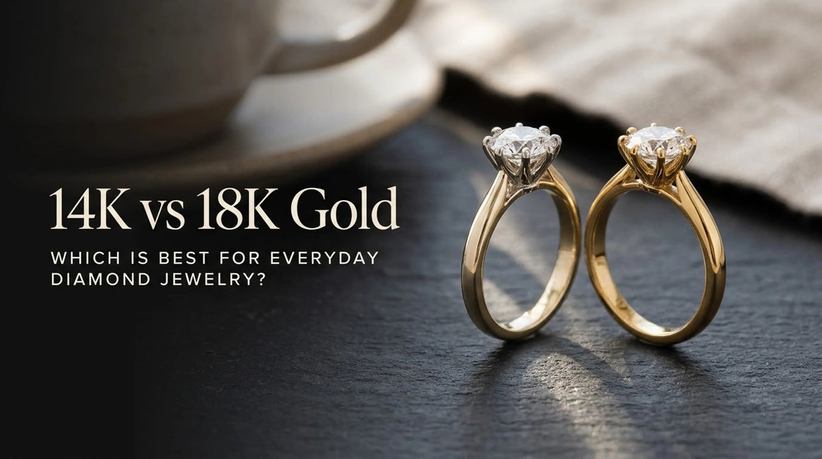 Two gold diamond solitaire rings in different gold tones displayed side by side on a dark slate surface, illustrating the comparison between 14K and 18K gold for everyday diamond jewelry.