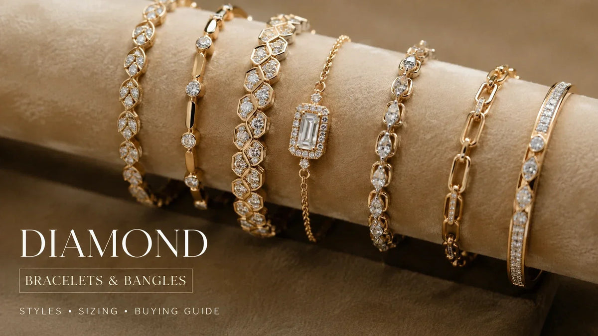 Six gold-tone diamond bracelets and bangles displayed on a beige jewelry stand, with the text 'DIAMOND BRACELETS & BANGLES' and 'STYLES • SIZING • BUYING GUIDE' overlaid on the lower left.