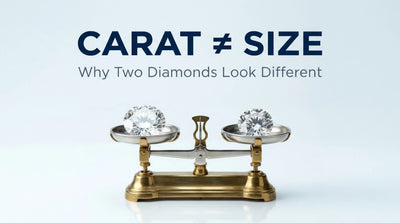 Two round brilliant-cut diamonds of different apparent sizes displayed on a balanced brass jeweler’s scale against a light background, with the heading “Carat ≠ Size: Why Two Diamonds Look Different.”