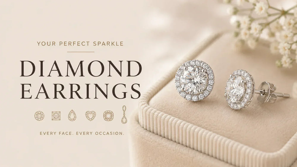 Diamond stud earrings displayed on a cream jewelry box with decorative text reading 'DIAMOND EARRINGS' and small jewelry shape icons on a soft beige background.