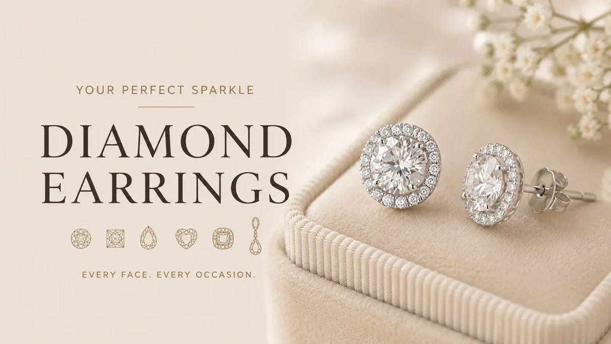 Diamond stud earrings displayed on a cream jewelry box with decorative text reading 'DIAMOND EARRINGS' and small jewelry shape icons on a soft beige background.