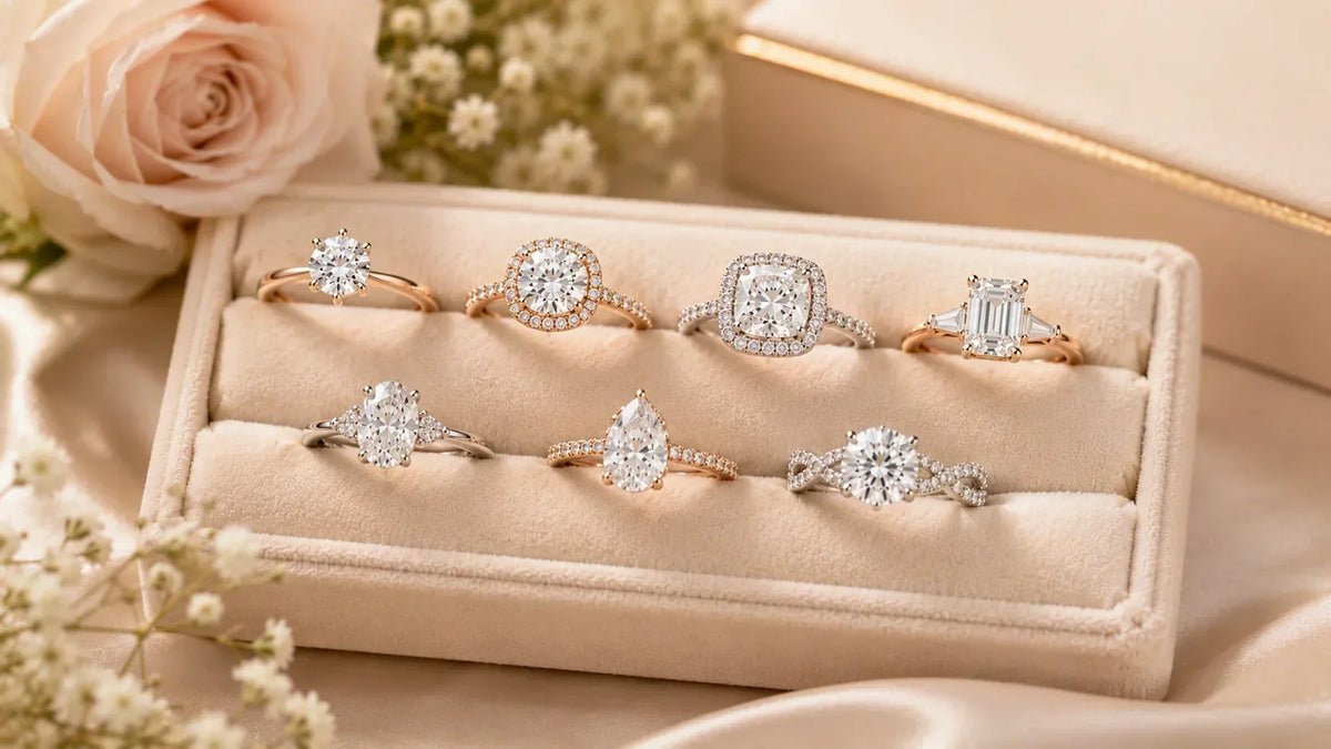 A set of eight diamond engagement rings displayed in a beige velvet ring box, styled with a pale pink rose and baby's breath flowers on a satin fabric background.