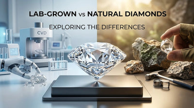 A split comparison graphic titled 'LAB-GROWN vs NATURAL DIAMONDS EXPLORING THE DIFFERENCES' shows a large faceted diamond on a scale in the center, with a lab setup and robotic hand on the left and a hand holding a small diamond among rocks on the right.