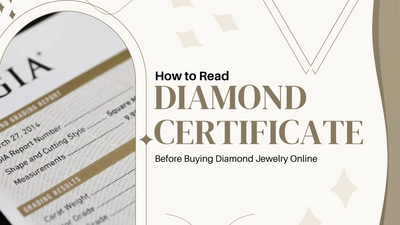 Promotional graphic with the text 'How to Read DIAMOND CERTIFICATE Before Buying Diamond Jewelry Online' beside a cropped inset of a GIA diamond grading report on a cream background with decorative beige shapes.