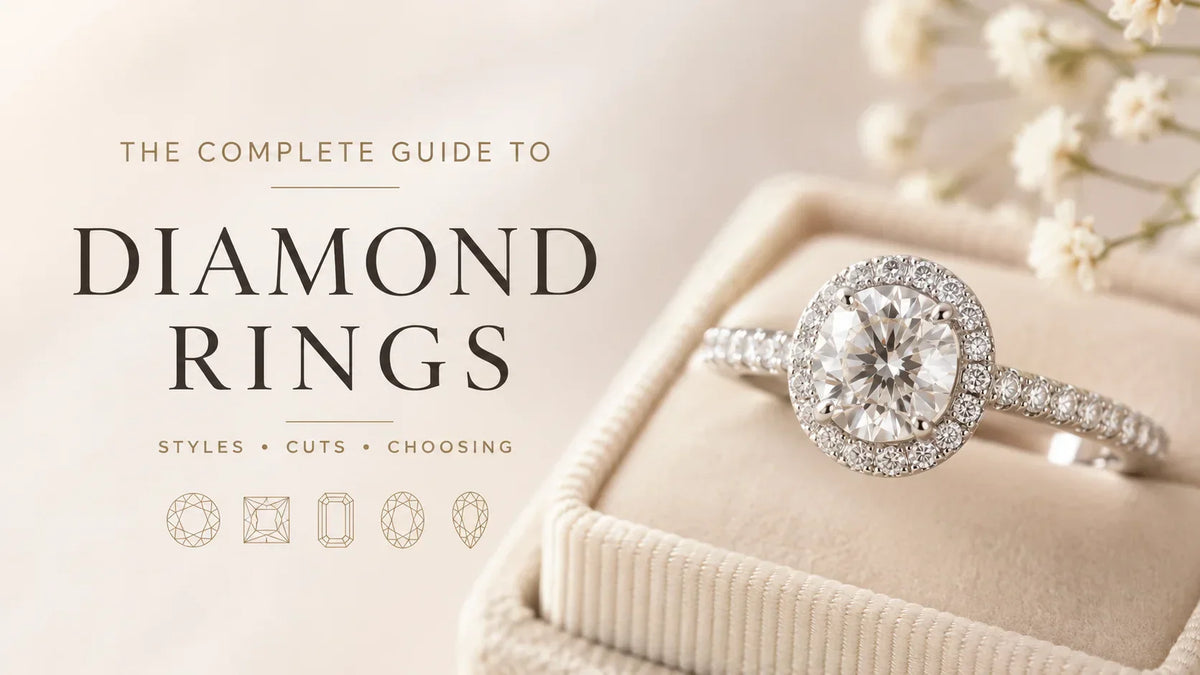A white gold diamond ring with a halo setting and a round center stone, displayed on a cream-colored ring box. The left side features elegant text reading 'THE COMPLETE GUIDE TO DIAMOND RINGS' with style, cut, and choosing icons below.