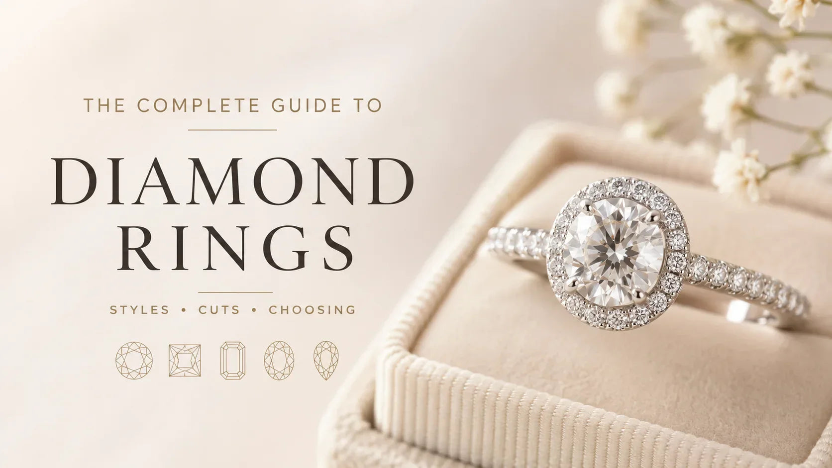 A white gold diamond ring with a halo setting and a round center stone, displayed on a cream-colored ring box. The left side features elegant text reading 'THE COMPLETE GUIDE TO DIAMOND RINGS' with style, cut, and choosing icons below.