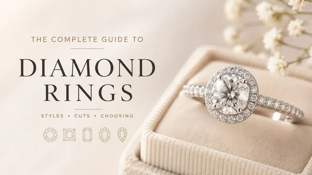 A white gold diamond ring with a halo setting and a round center stone, displayed on a cream-colored ring box. The left side features elegant text reading 'THE COMPLETE GUIDE TO DIAMOND RINGS' with style, cut, and choosing icons below.