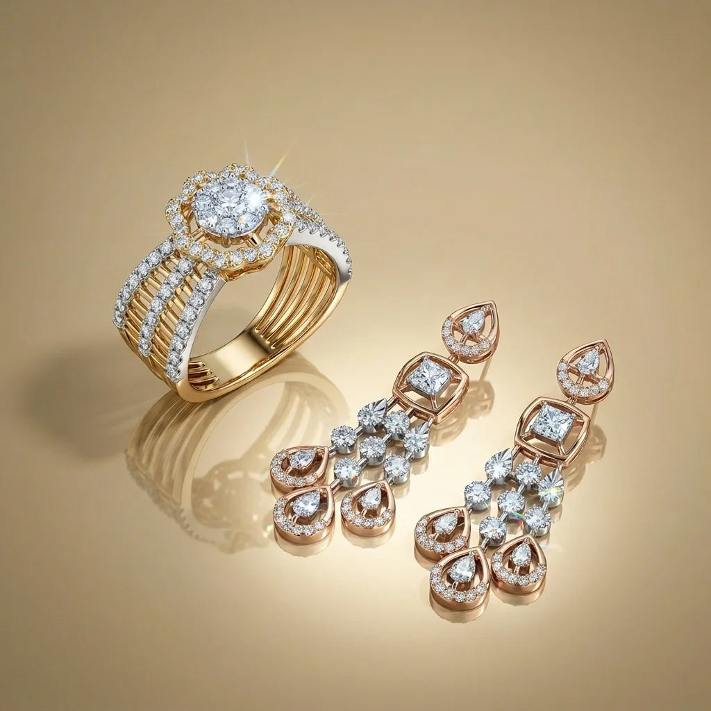Gold ring and earrings with diamond accents on a gold background