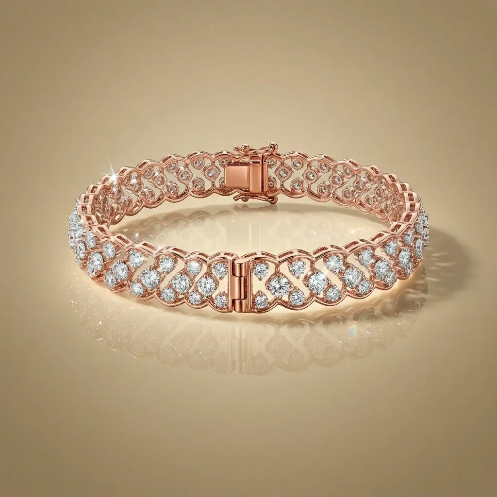 Rose gold bracelet with diamonds on a beige background