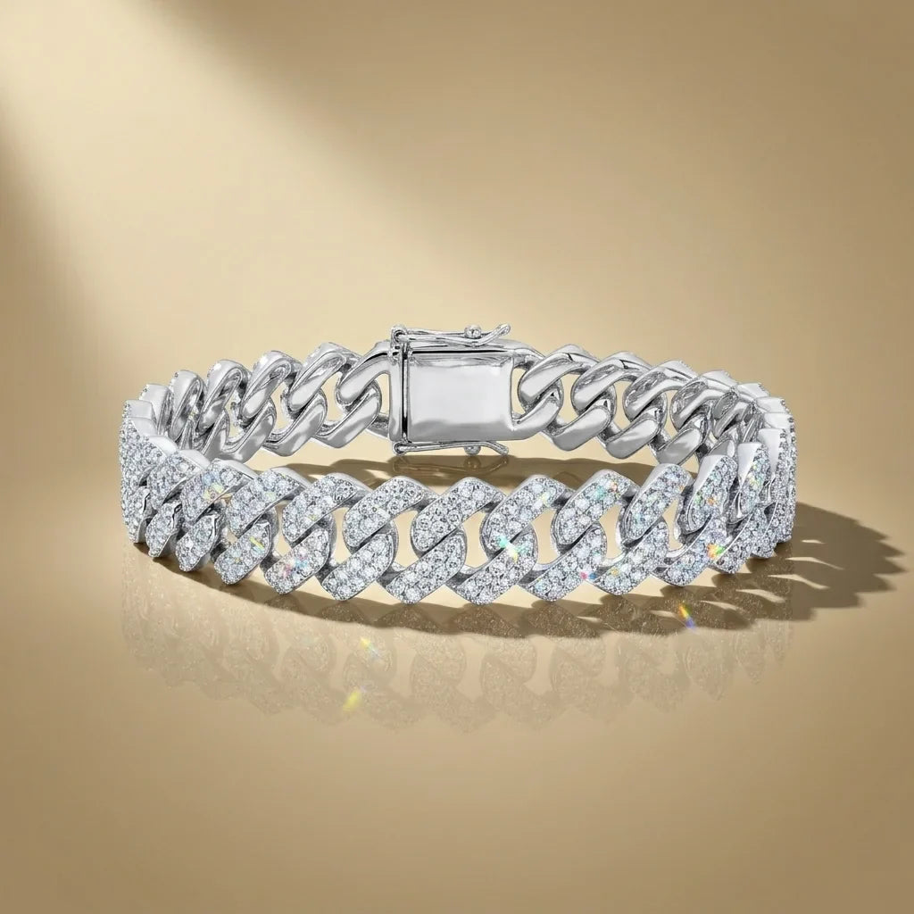 White gold bracelet with diamond accents on a beige background