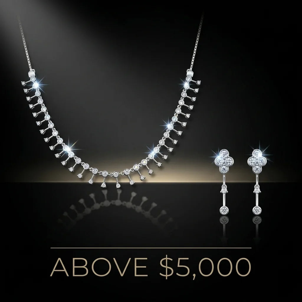 Diamond necklace and earrings on a black background with text indicating price above $5,000.