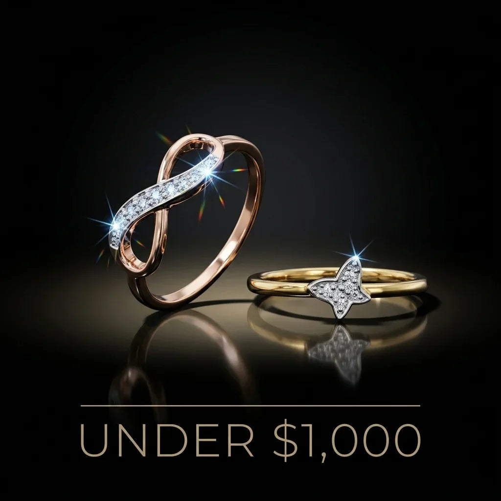 Two gold rings with diamond accents on a black background, labeled 'Under $1,000'.