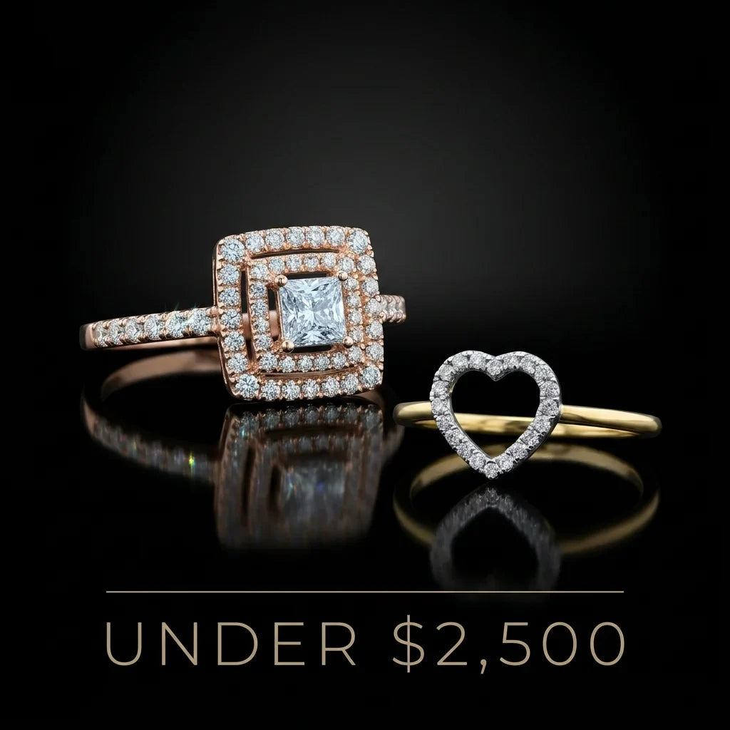 Two diamond rings on a black background with text indicating price range.
