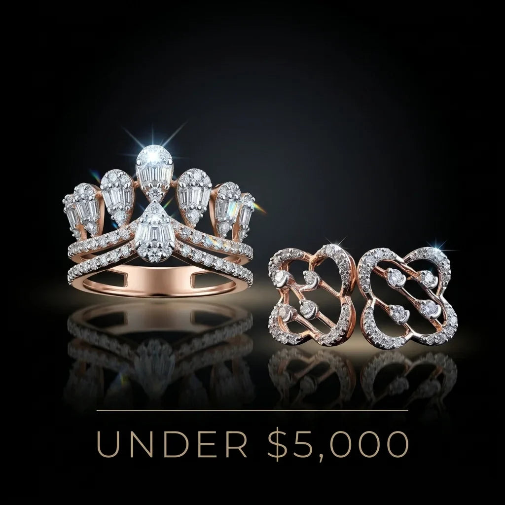 Rose gold ring and earrings with diamonds on a black background, labeled 'Under $5,000'.