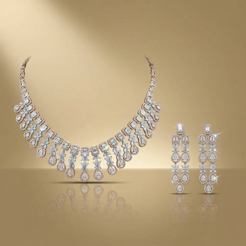 Diamond necklace and earrings on a gold background