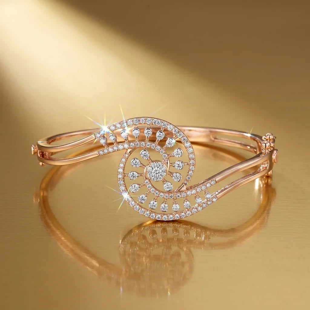 Rose gold bracelet with diamond accents on a reflective gold surface