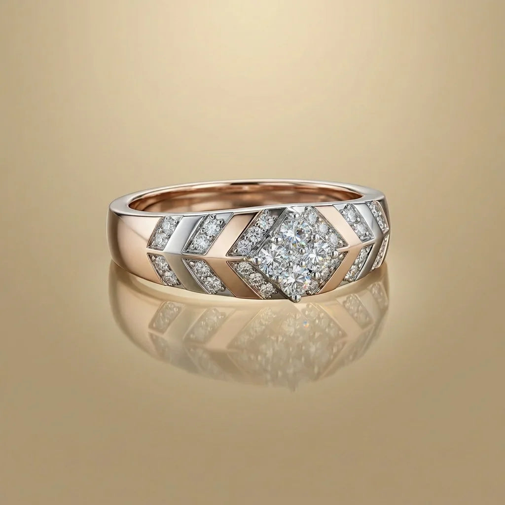 Gold ring with diamond accents on a reflective gold surface