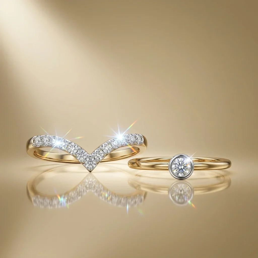 Two gold rings with diamond accents on a reflective gold surface
