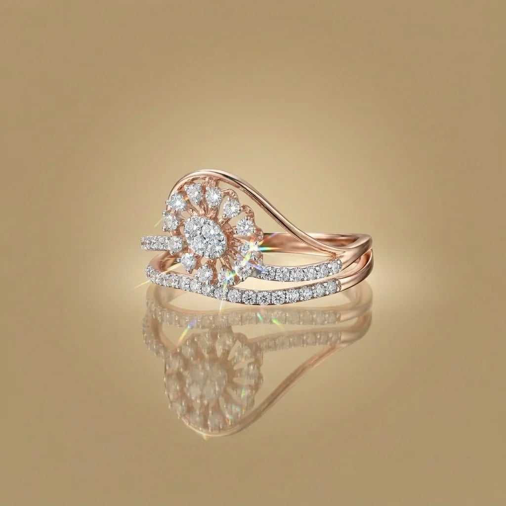 Rose gold ring with diamond accents on a reflective surface and gold background