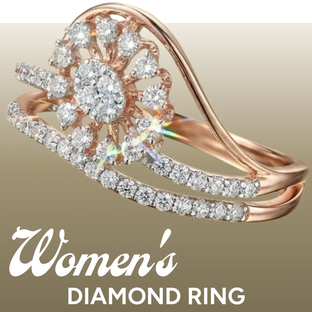 A rose gold diamond ring set with a floral cluster of clear stones and a curved pavé band, shown on a beige gradient background with the text 'Women's DIAMOND RING' below.