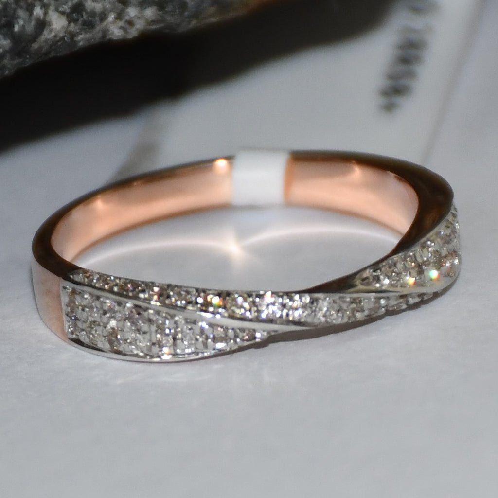Solid Gold Diamond Twist Ring, Pave Crossover Band, Rose Gold Wedding Band
