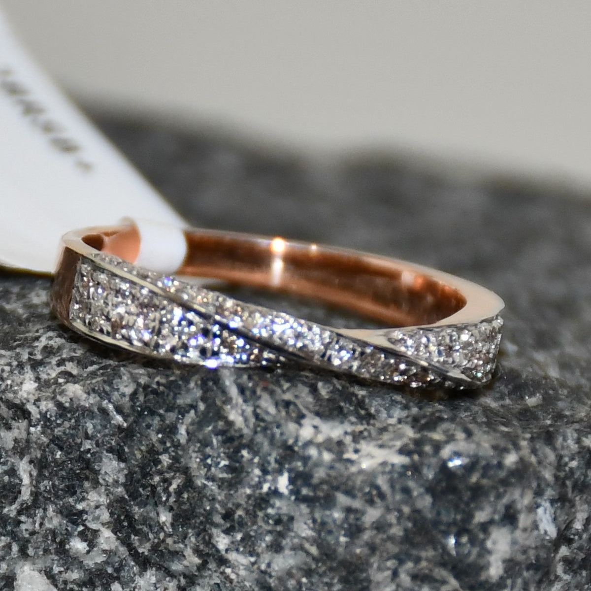 Solid Gold Diamond Twist Ring, Pave Crossover Band, Rose Gold Wedding Band