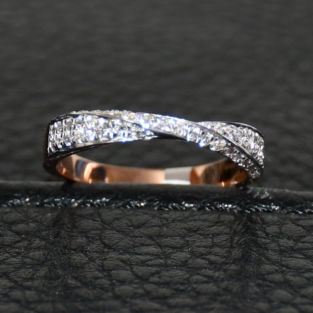 Solid Gold Diamond Twist Ring, Pave Crossover Band, Rose Gold Wedding Band