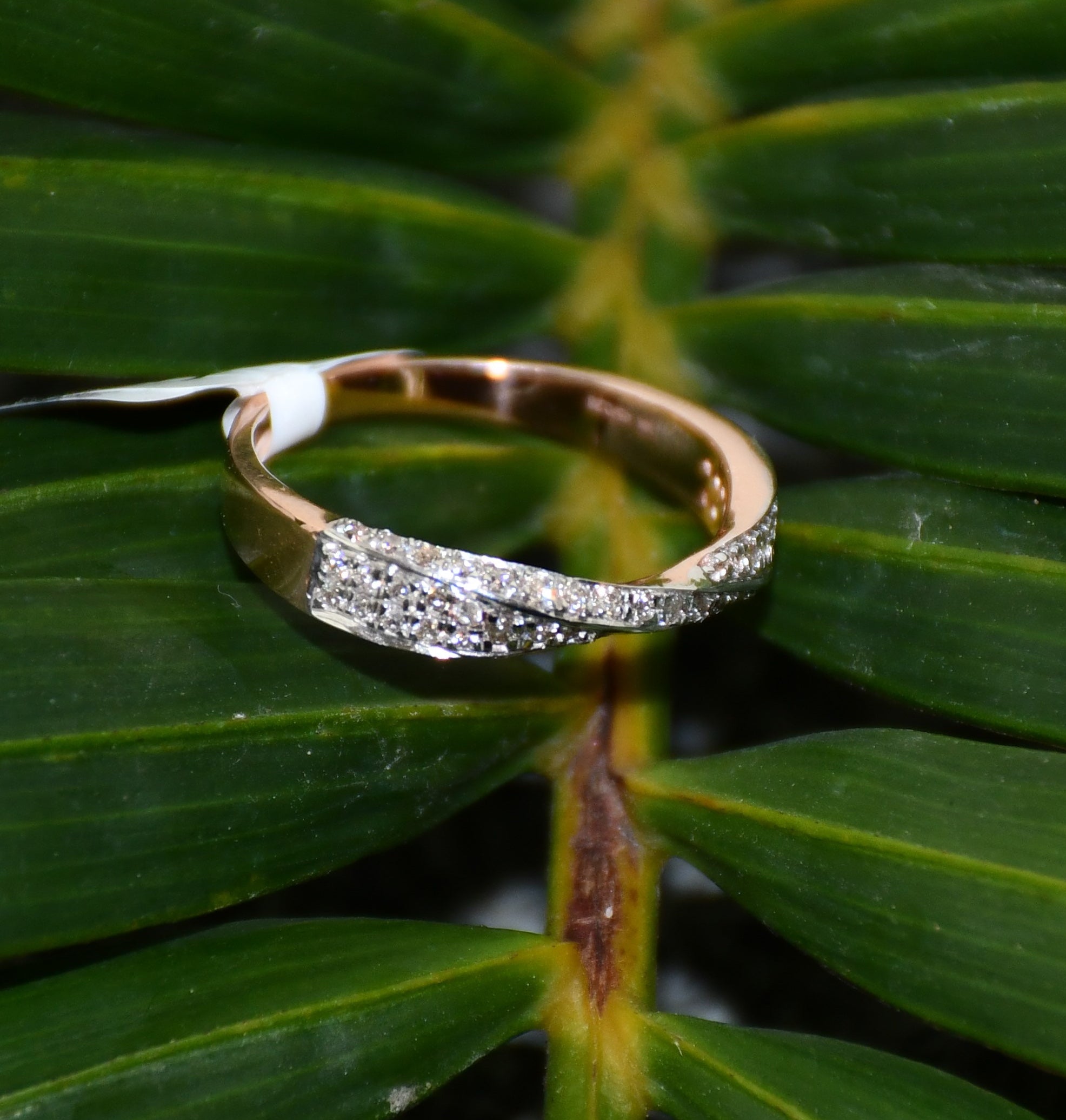 Solid Gold Diamond Twist Ring, Pave Crossover Band, Rose Gold Wedding Band