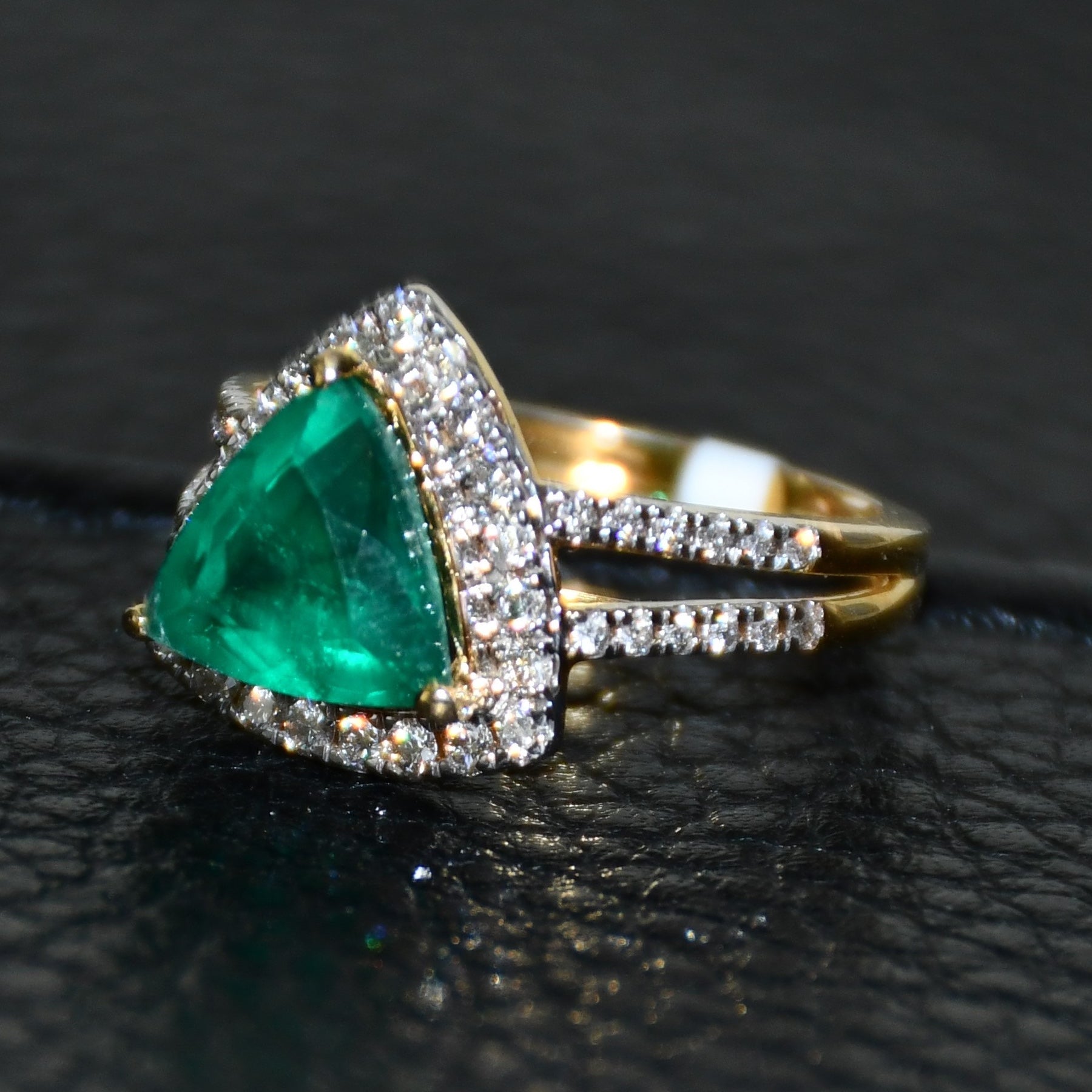 Trillion Cut Green Stone Ring, 14K 18K Solid Gold, Natural Diamond Halo Split Shank