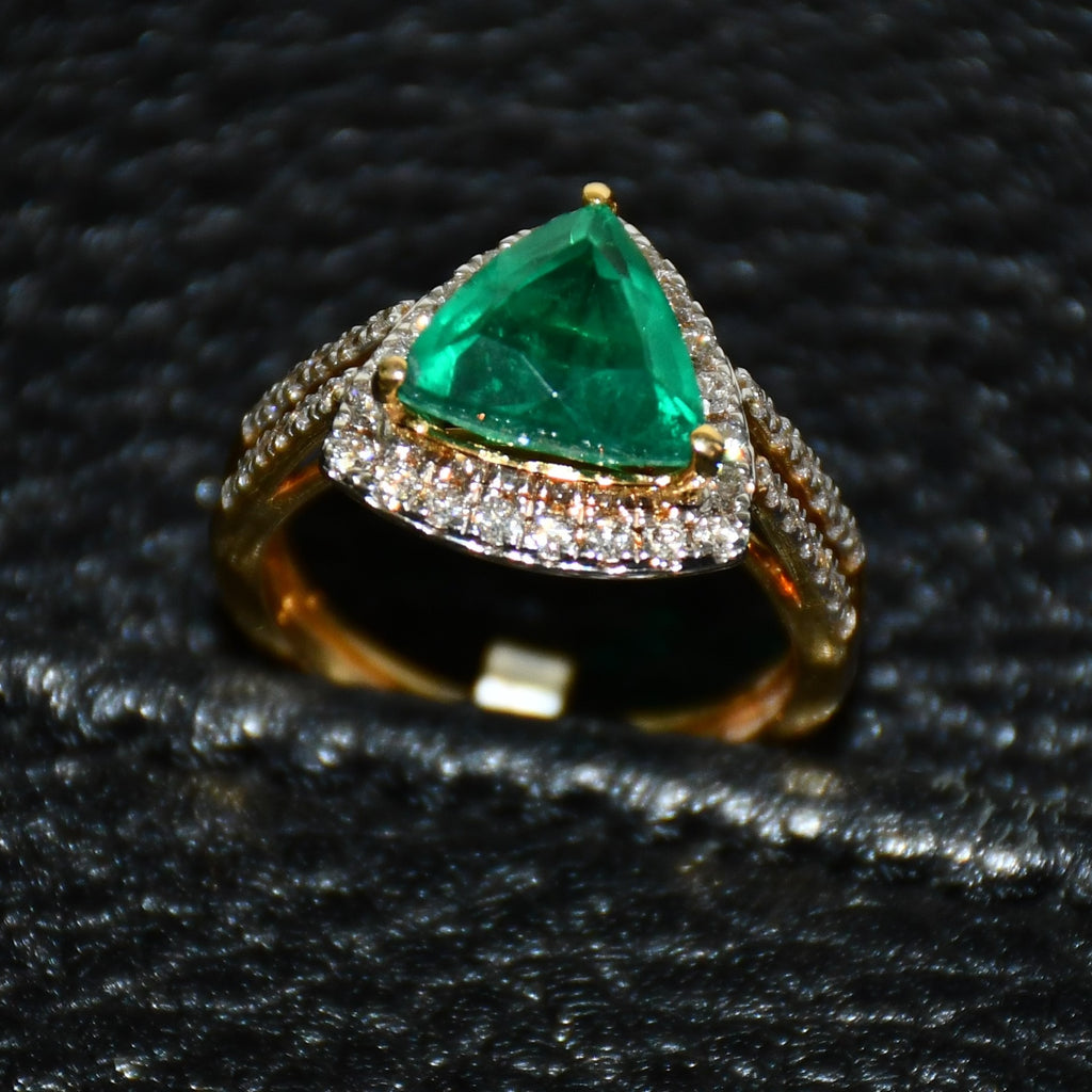 Trillion Cut Green Stone Ring, 14K 18K Solid Gold, Natural Diamond Halo Split Shank