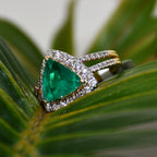 Trillion Cut Green Stone Ring, 14K 18K Solid Gold, Natural Diamond Halo Split Shank
