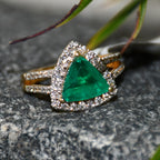 Trillion Cut Green Stone Ring, 14K 18K Solid Gold, Natural Diamond Halo Split Shank