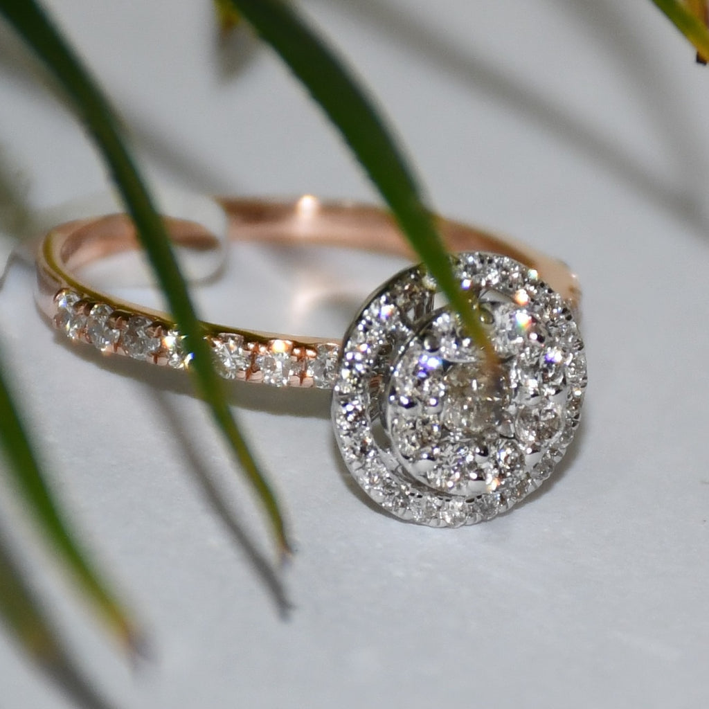 Solid Gold Halo Diamond Engagement Ring, Round Pave Band Bridal Promise