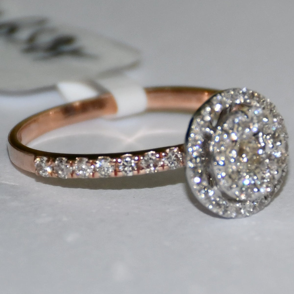 Solid Gold Halo Diamond Engagement Ring, Round Pave Band Bridal Promise