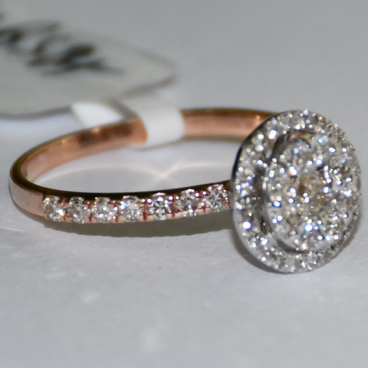 Solid Gold Halo Diamond Engagement Ring, Round Pave Band Bridal Promise