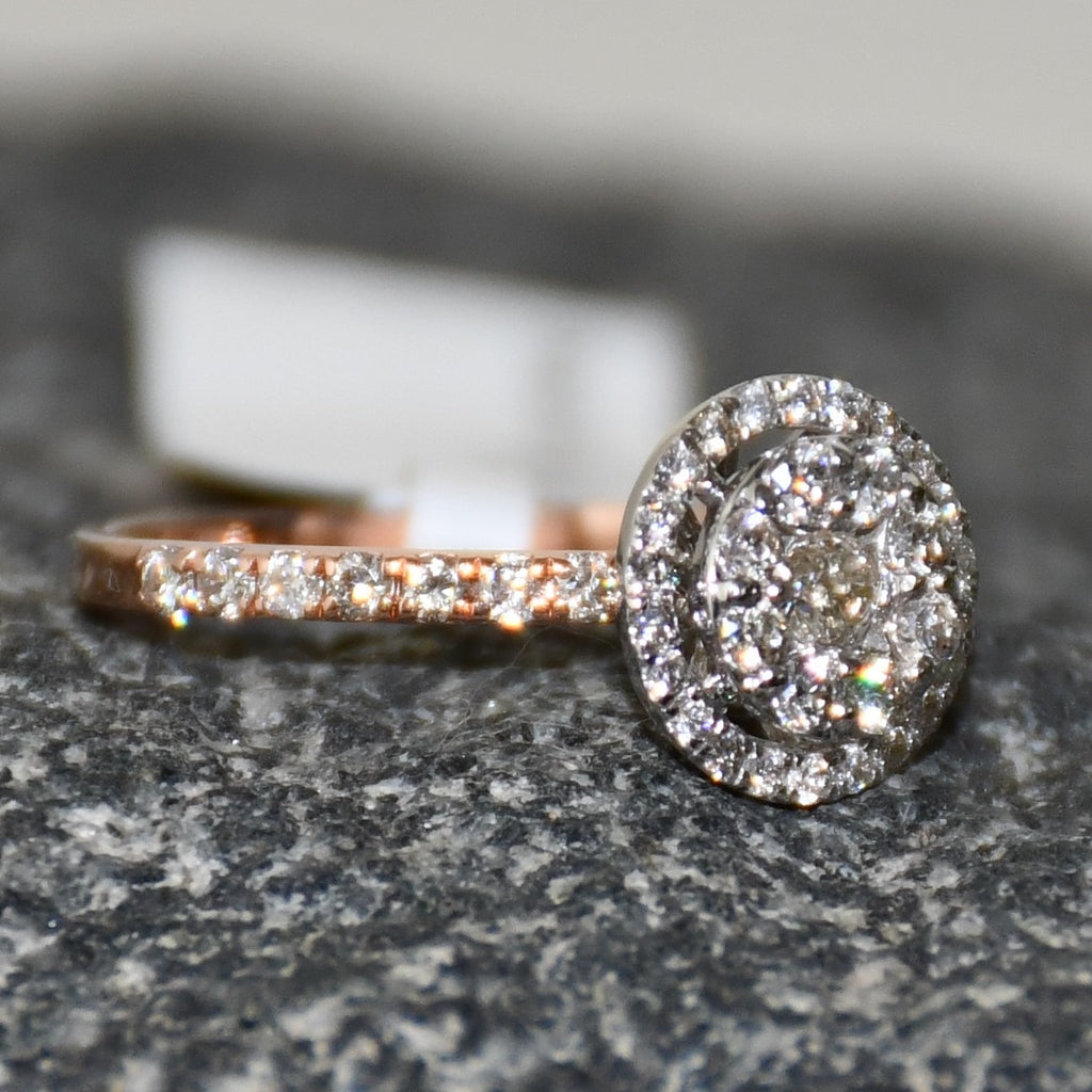 Solid Gold Halo Diamond Engagement Ring, Round Pave Band Bridal Promise