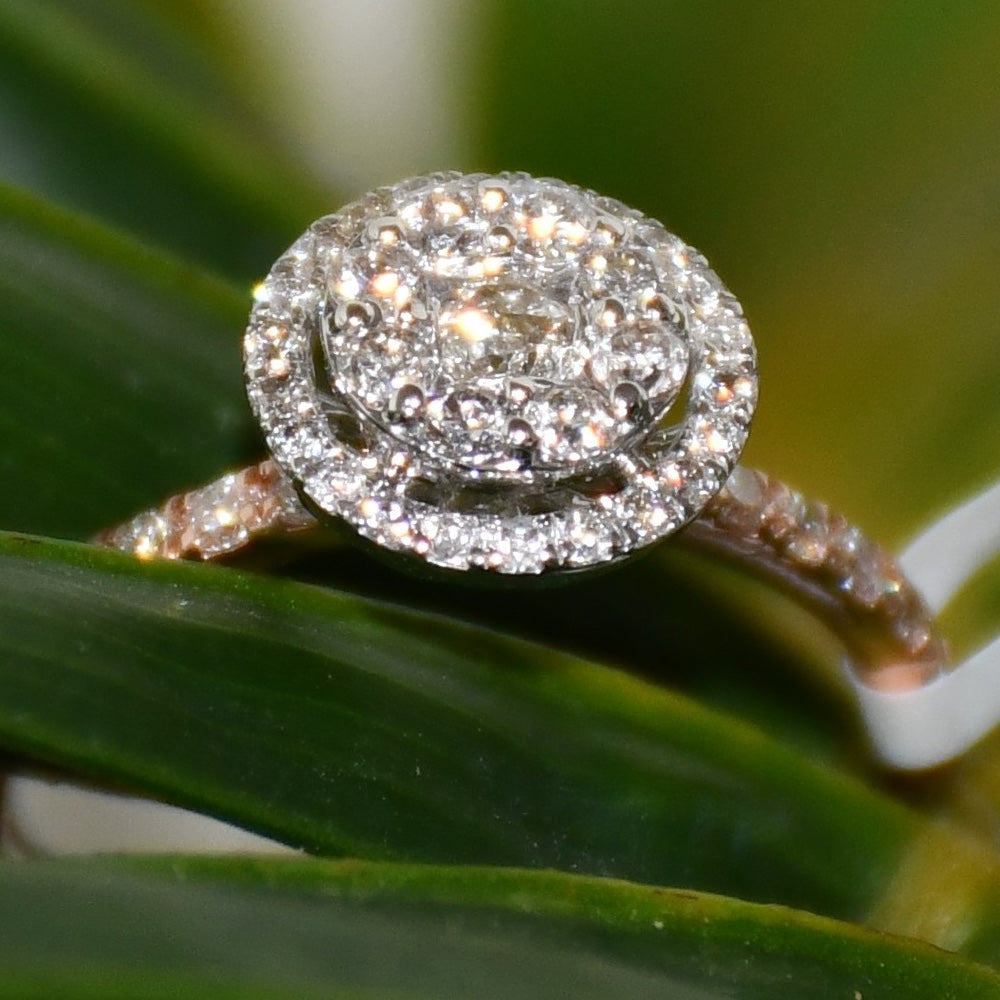 Solid Gold Halo Diamond Engagement Ring, Round Pave Band Bridal Promise