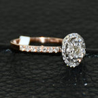 Solid Gold Halo Diamond Engagement Ring, Round Pave Band Bridal Promise