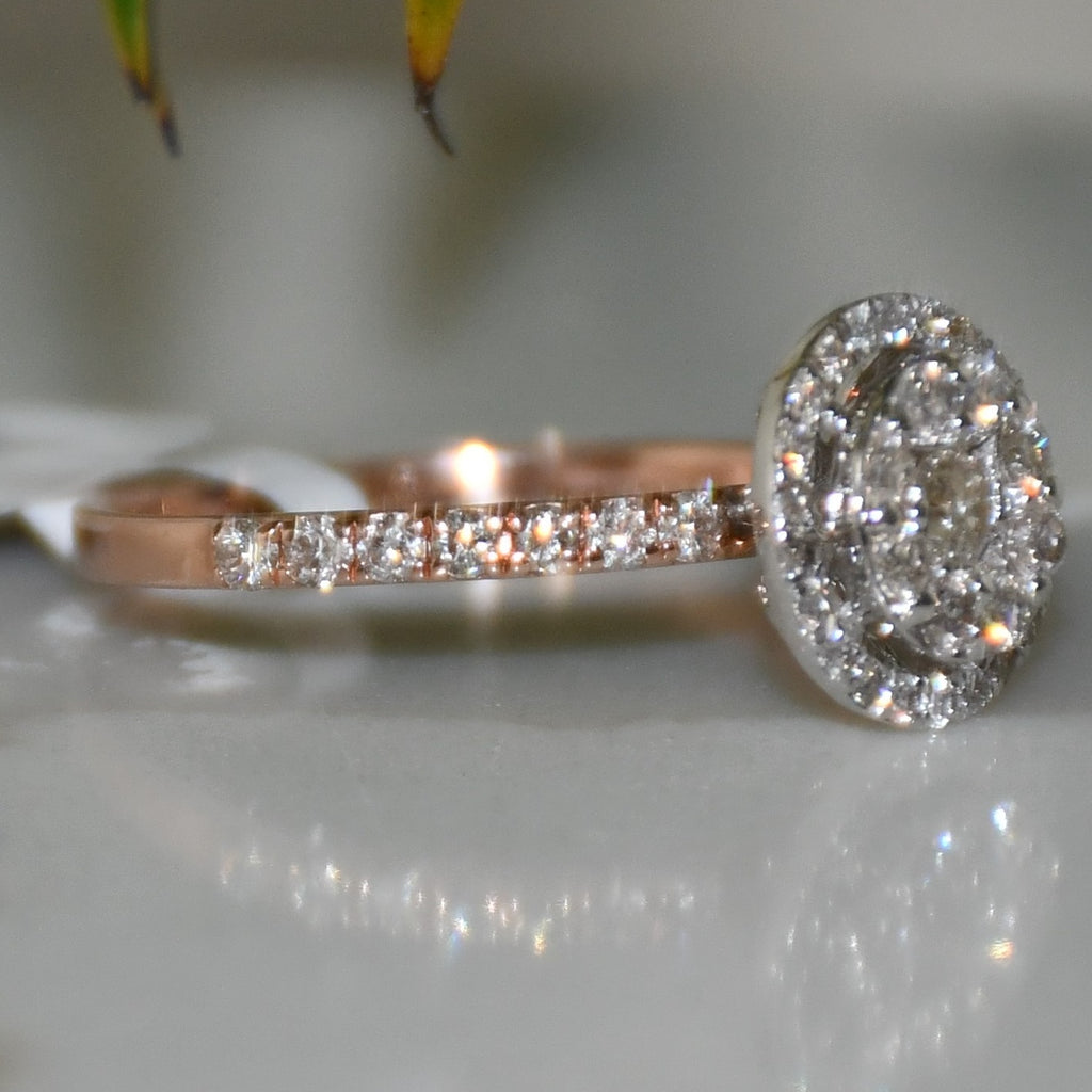 Solid Gold Halo Diamond Engagement Ring, Round Pave Band Bridal Promise