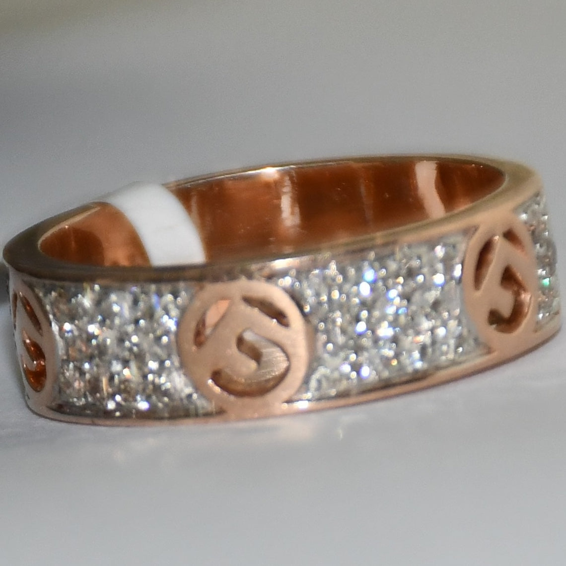 Solid Gold Pave Diamond Band Ring, Heart Detail Anniversary Wedding Band