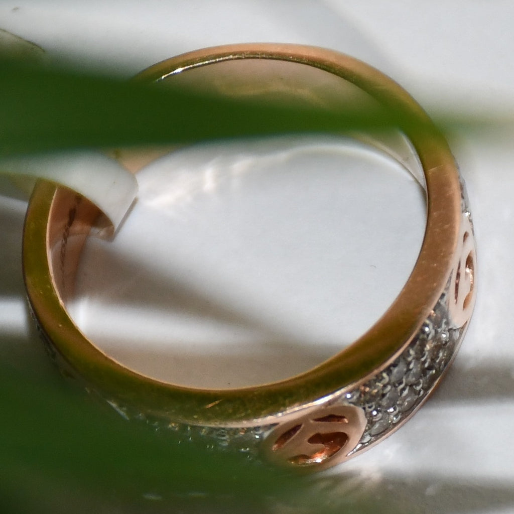 Solid Gold Pave Diamond Band Ring, Heart Detail Anniversary Wedding Band
