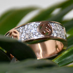 Solid Gold Pave Diamond Band Ring, Heart Detail Anniversary Wedding Band
