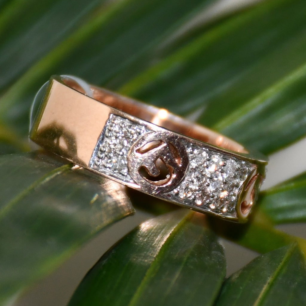 Solid Gold Pave Diamond Band Ring, Heart Detail Anniversary Wedding Band