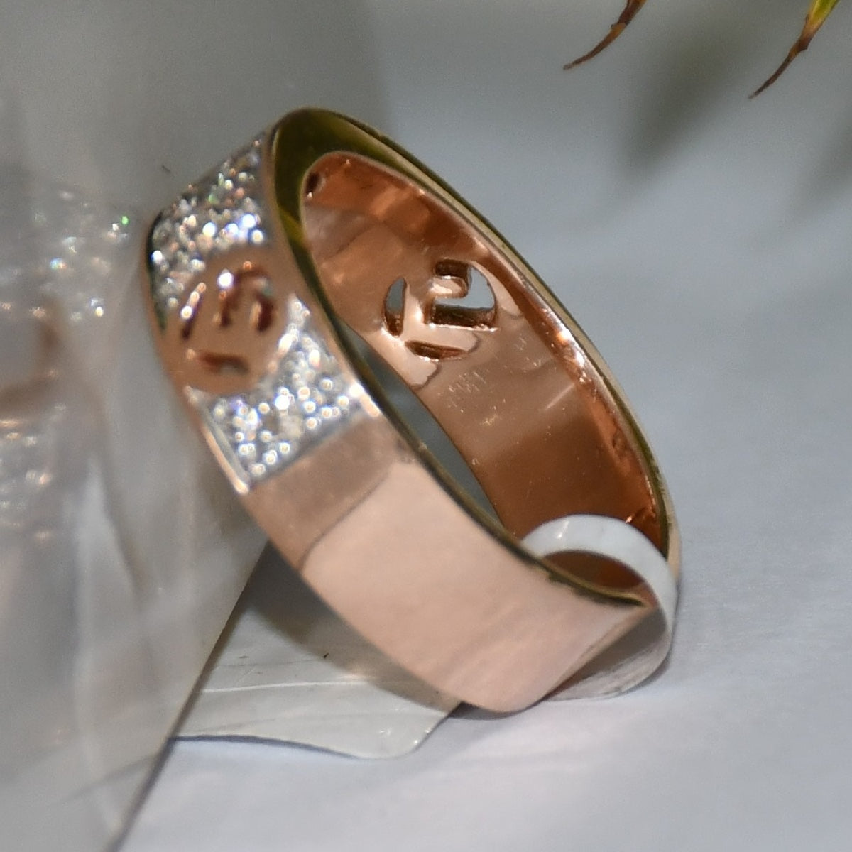 Solid Gold Pave Diamond Band Ring, Heart Detail Anniversary Wedding Band