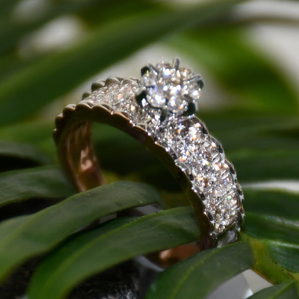 14K 18K Solid Gold Floral Diamond Cluster Engagement Ring, Wide Band Wedding Ring