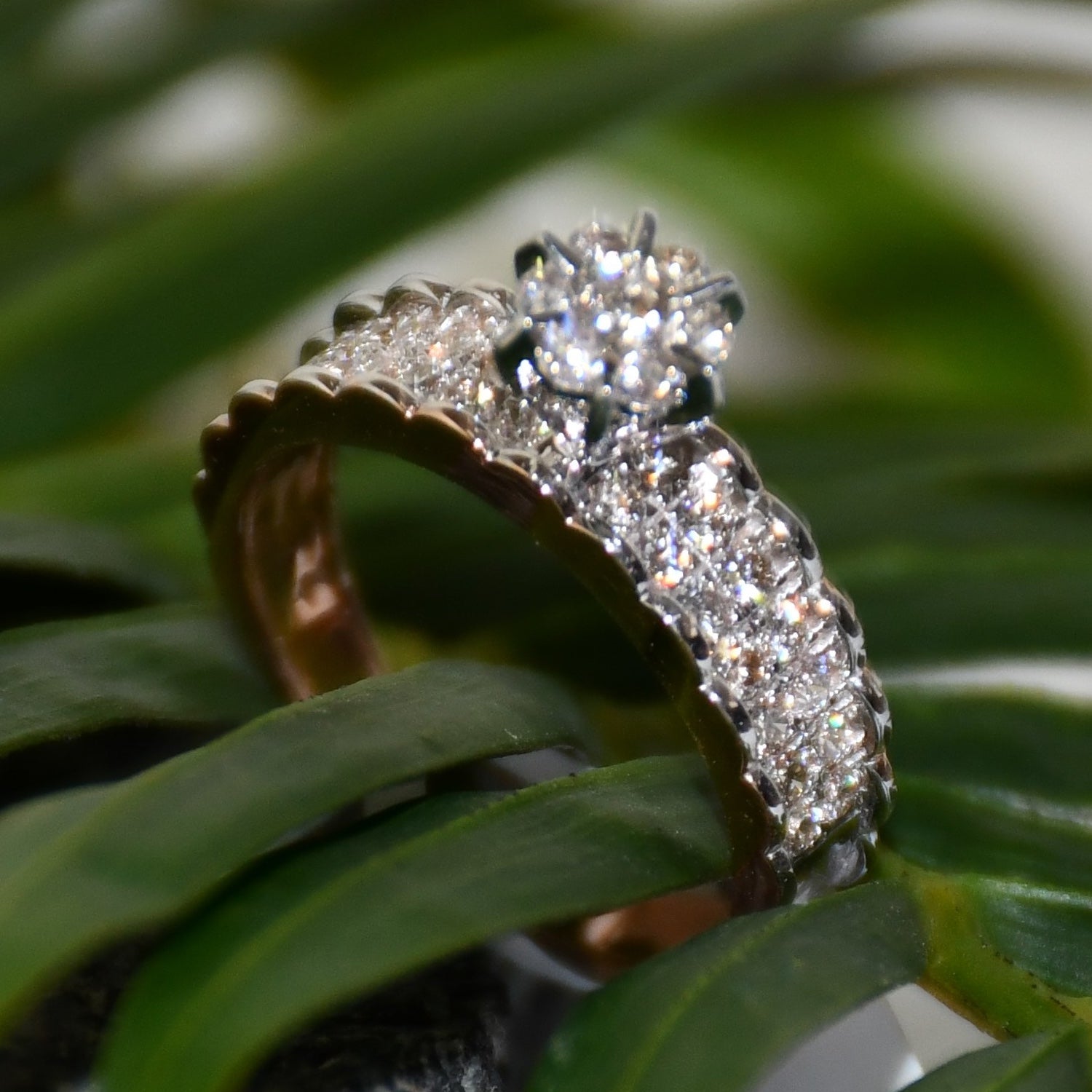 14K 18K Solid Gold Floral Diamond Cluster Engagement Ring, Wide Band Wedding Ring