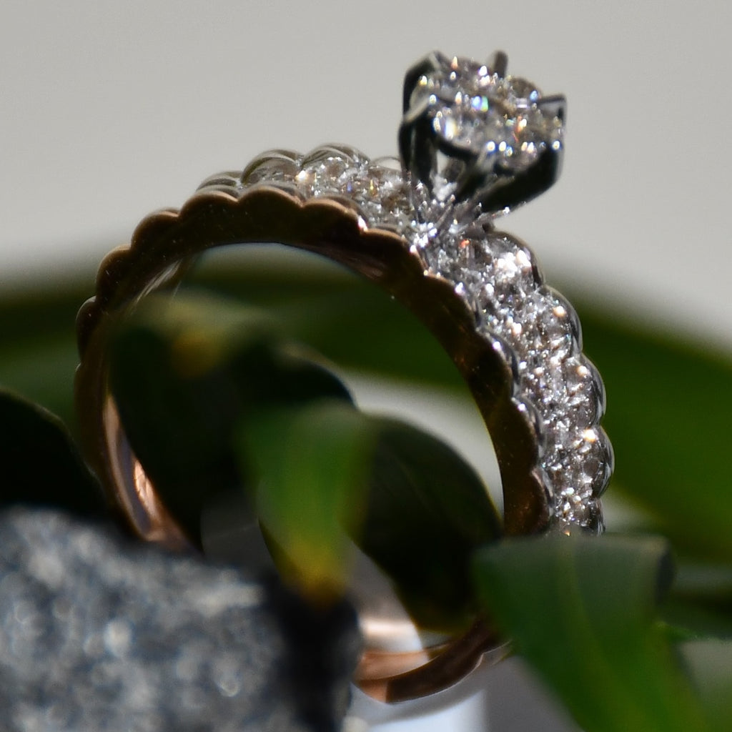 14K 18K Solid Gold Floral Diamond Cluster Engagement Ring, Wide Band Wedding Ring