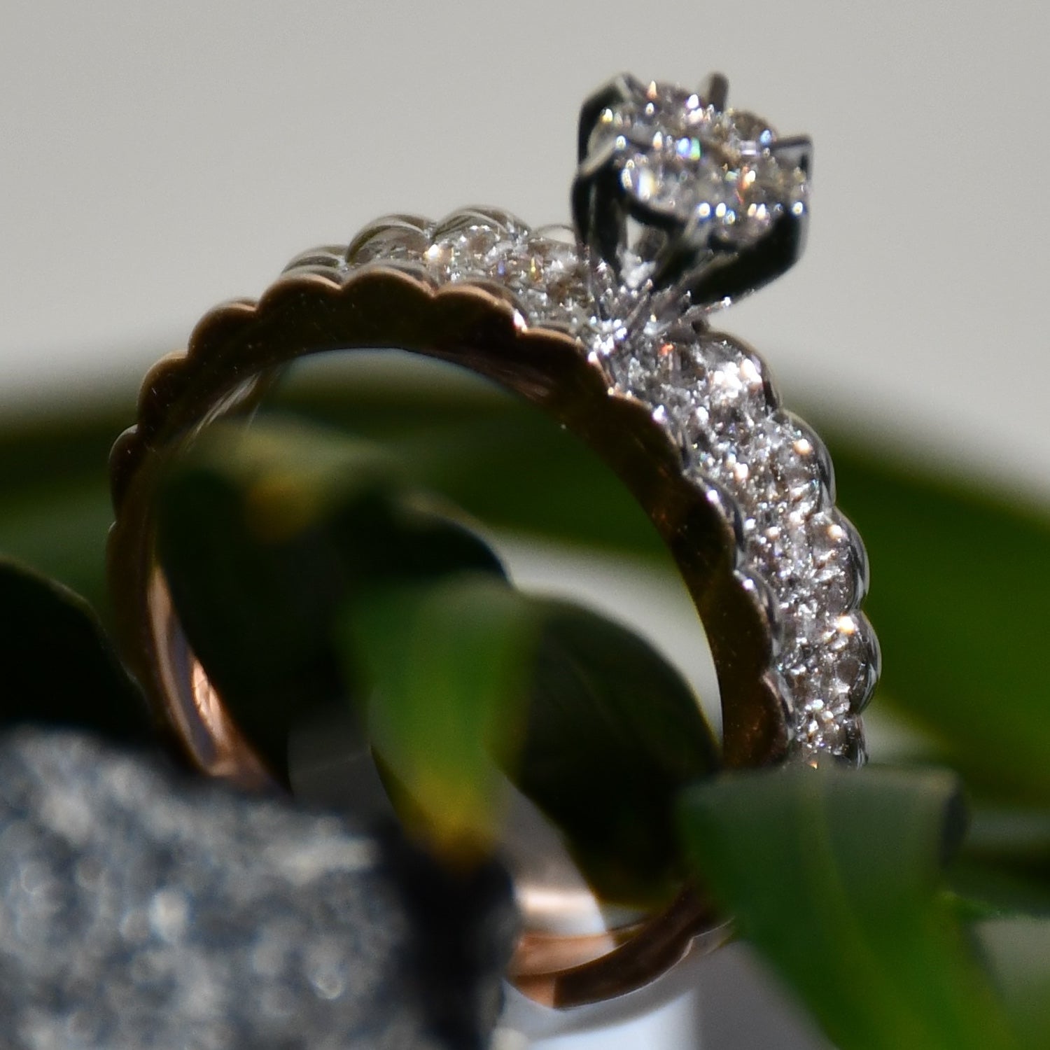 14K 18K Solid Gold Floral Diamond Cluster Engagement Ring, Wide Band Wedding Ring