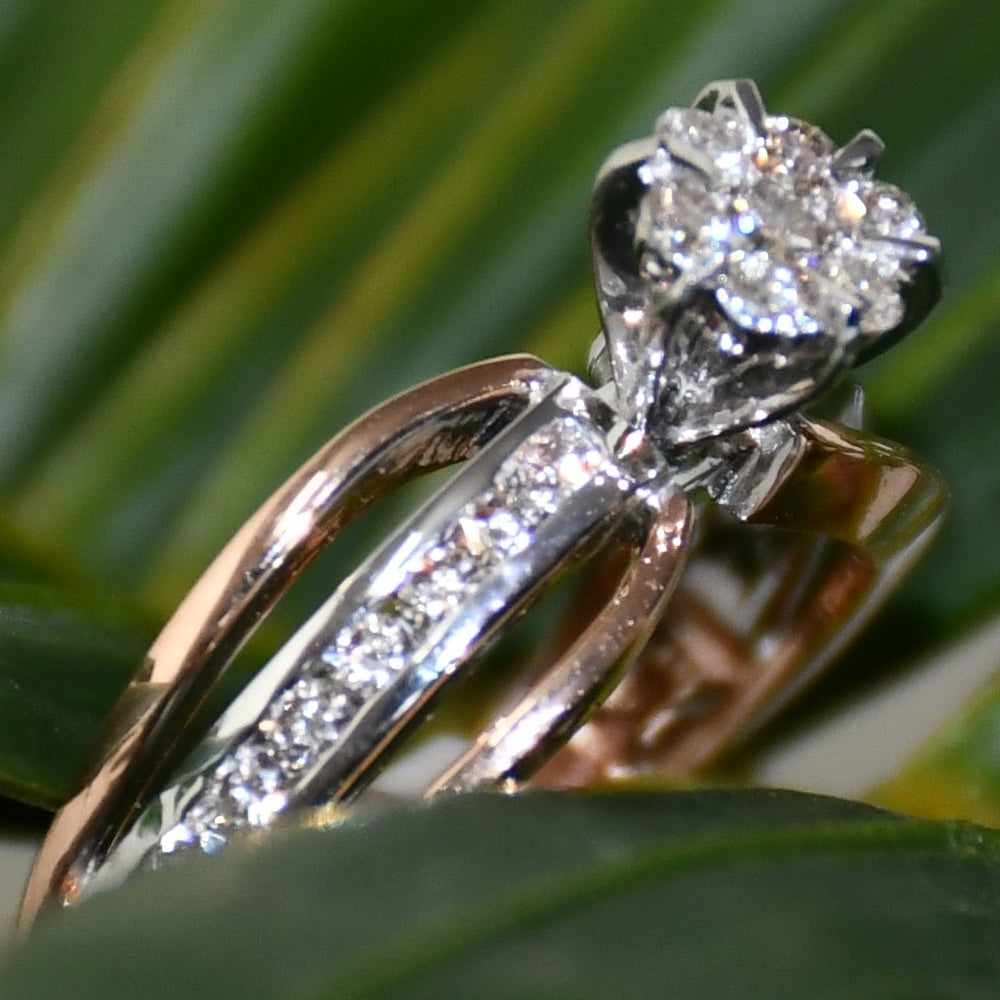 14K 18K Solid Gold Floral Diamond Cluster Ring, Split Shank Engagement Wedding Band