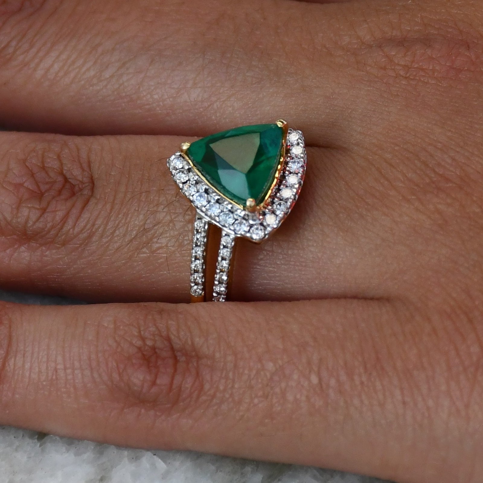 Trillion Cut Green Stone Ring, 14K 18K Solid Gold, Natural Diamond Halo Split Shank
